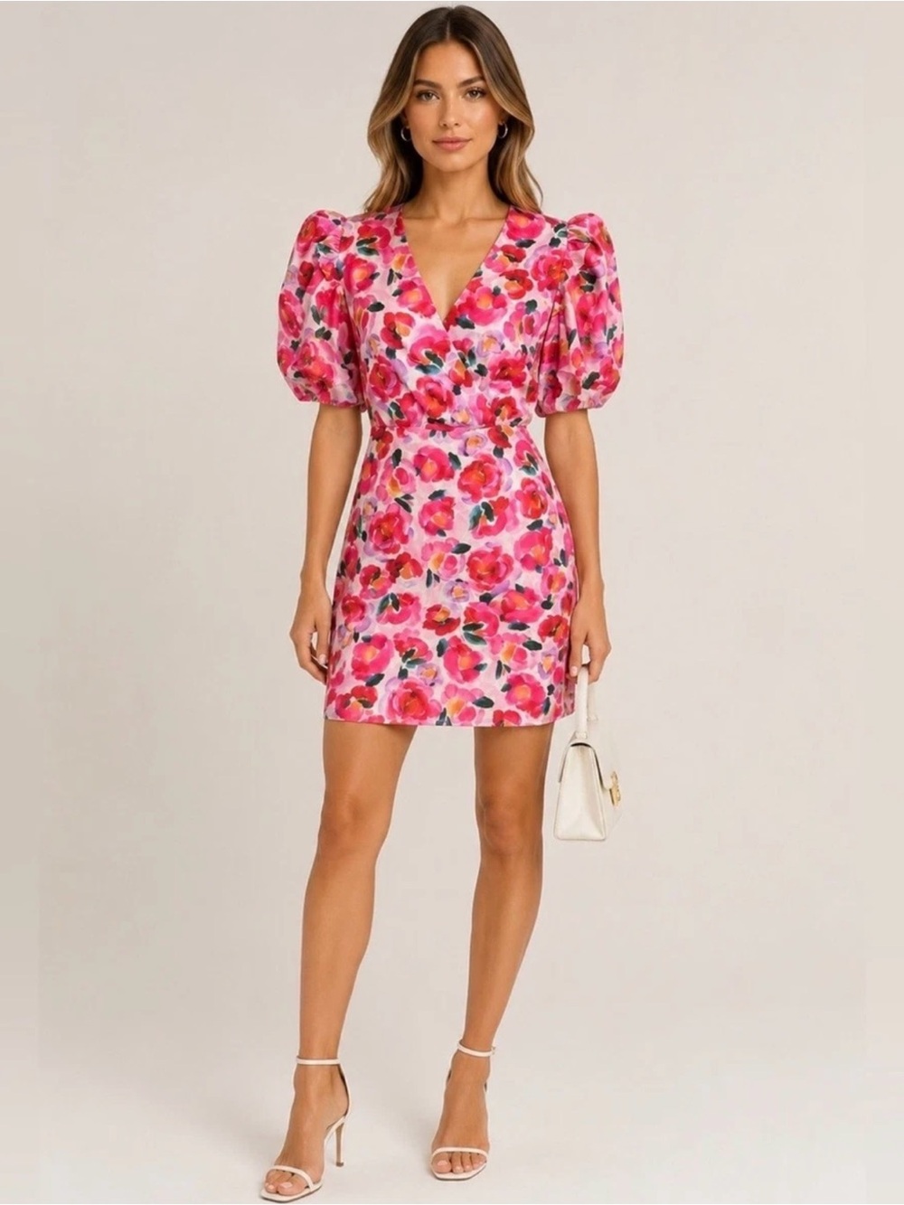 ADELYN RAE NEW Pauline Floral Puff Sleeve Ruffle XL Faux Wrap Mini Dress Coral
